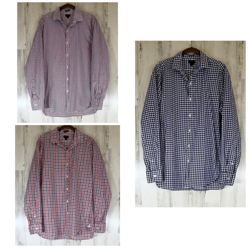 J Crew Mens Ludlow 120s 2-Ply Cotton Button Up Shirts Large Plaid Check Lot of 3